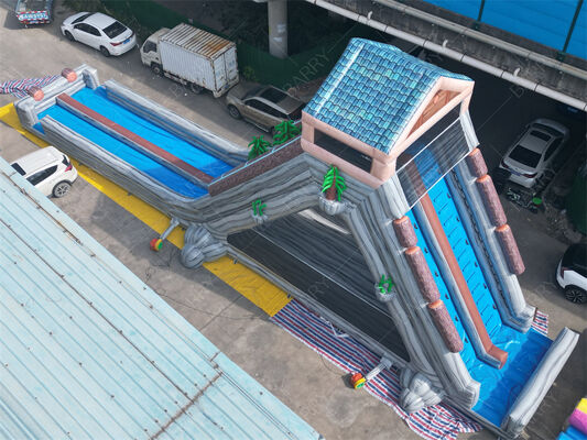 اسلاید آبی بزرگ و قابل انفجار درجه تجاری، دو مسیر دو طرفه با تم گرمسیری برای پارک های تفریحی و جشنواره ها